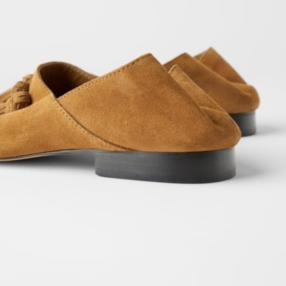 ZARA 100% Suede Leather Tan Moccasin Tassels Loafers Size 8 - Picture 4 of 12